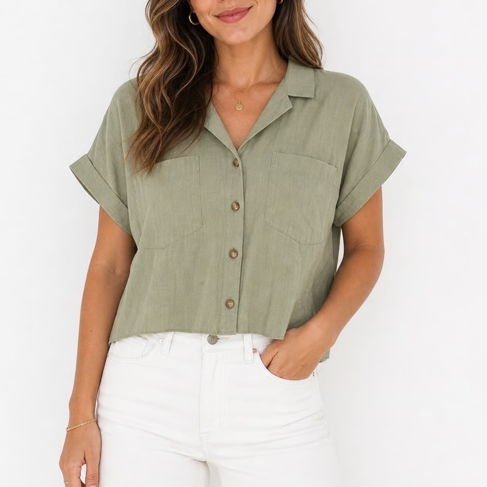 Mi Ami for Francescas Olive Green Linen Blend Button Down Shirt Large